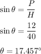 \sin\theta=\dfrac{P}{H}\\\\\sin\theta=\dfrac{12}{40}\\\\\theta=17.457^{\circ}