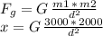 F_g=G\,\frac{m1\,*\, m2}{d^2} \\x=G\,\frac{3000\,*\, 2000}{d^2}