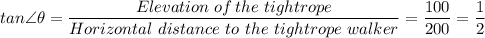 tan\angle \theta =  \dfrac{Elevation \ of \, the \ tightrope}{Horizontal \ distance  \ to \ the \ tight rope \ walker} = \dfrac{100}{200}  = \dfrac{1}{2}