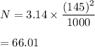 N=3.14\times\dfrac{(145)^{2}}{1000}\\\\=66.01
