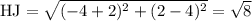 \rm HJ=\sqrt{(-4+2)^2+(2-4)^2} =\sqrt{8}