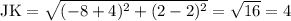\rm JK=\sqrt{(-8+4)^2+(2-2)^2} =\sqrt{16}=4