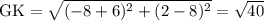 \rm GK=\sqrt{(-8+6)^2+(2-8)^2} =\sqrt{40}