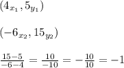 (4_{x_{1}},5_{y_{1}})\\\\(-6_{x_{2}},15_{y_{2}})\\\\\frac{15-5}{-6-4} =\frac{10}{-10} =-\frac{10}{10} =-1