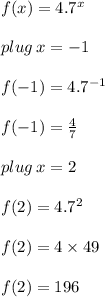 f(x) = 4. {7}^{x}  \\  \\ plug \: x =  - 1 \\   \\ f( - 1) = 4. {7}^{ - 1}  \\  \\ f( - 1) =  \frac{4}{7}   \\  \\plug \: x =  2 \\   \\ f( 2) = 4. {7}^{ 2}  \\  \\ f( 2) = 4 \times 49  \\  \\f( 2) = 196  \\  \\