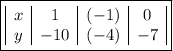 \boxed{\begin{array}{|c|c|c|c|} x & 1 & (-1) & 0 \\ y & -10 & (-4) & -7 \end{array}}
