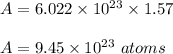 A = 6.022\times 10^{23}\times 1.57\\\\A = 9.45\times 10^{23}\ atoms