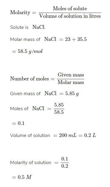 Calculate the molarity of a solution prepared by dissolving 5.850g of solid nacl in enough water to 