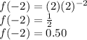  f(-2) = (2) (2)^{-2}\\f(-2)=\frac{1}{2} \\f(-2)=0.50 