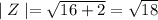 \mid Z\mid=\sqrt{16+2}=\sqrt{18}