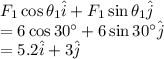 F_1\cos\theta_1\hat{i}+F_1\sin\theta_1\hat{j}\\ =6\cos30^{\circ}+6\sin30^{\circ}\hat{j}\\ =5.2\hat{i}+3\hat{j}