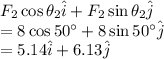 F_2\cos\theta_2\hat{i}+F_2\sin\theta_2\hat{j}\\ =8\cos50^{\circ}+8\sin50^{\circ}\hat{j}\\ =5.14\hat{i}+6.13\hat{j}