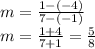 m = \frac{1-(-4)}{7-(-1)}\\m = \frac{1+4}{7+1} = \frac{5}{8}