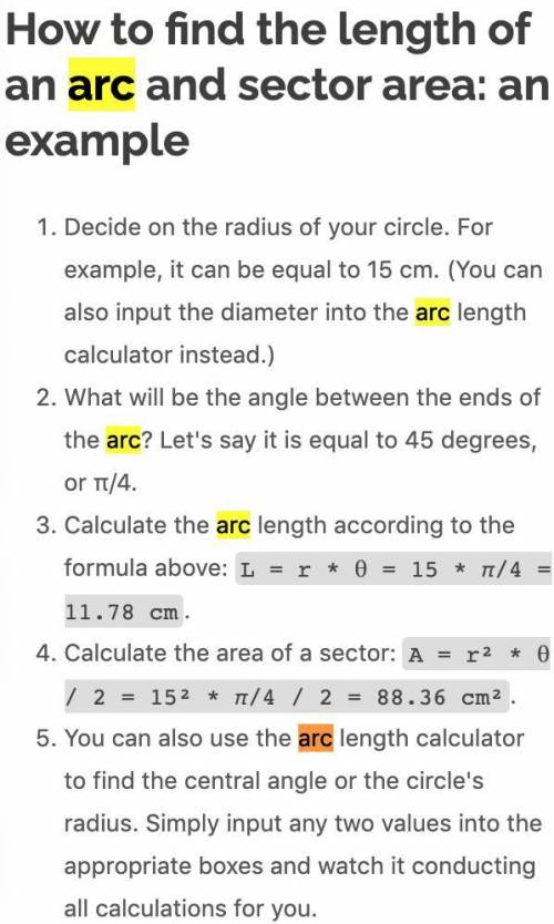 What is the arc length of an arc of a circle with dialneter of 10 and a central angle of 50°.

251