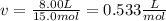 v=\frac{8.00L}{15.0mol}=0.533\frac{L}{mol}