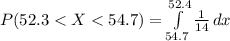 P(52.3 <  X < 54.7  ) = \int\limits^{52.4}_{54.7} {\frac{1}{14} } \, dx