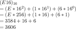 (E16)_{16}\\=(E*16^2)+(1*16^1)+(6*16^0)\\=(E*256)+(1*16)+(6*1)\\=3584+16+6\\=3606