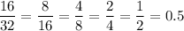 \displaystyle \frac{16}{32}=\frac{8}{16}=\frac{4}{8}=\frac{2}{4}=\frac{1}{2}=0.5
