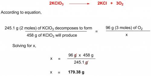 Potassium chlorate decomposes according to the following chemical equation:  2kclo3 >  2kcl + 3o2