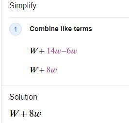 Simplify these expressions:

1. 2x + 8x 
2. (5y) - 10y 
3. W + 14w - 6w 
4. 4x - 5x -6