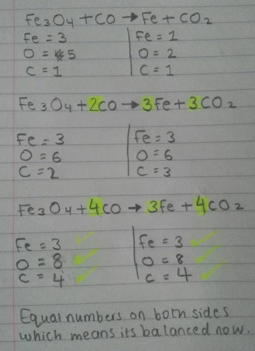 What is the balanced equation for:  fe3o4+ co—>  fe+ co2