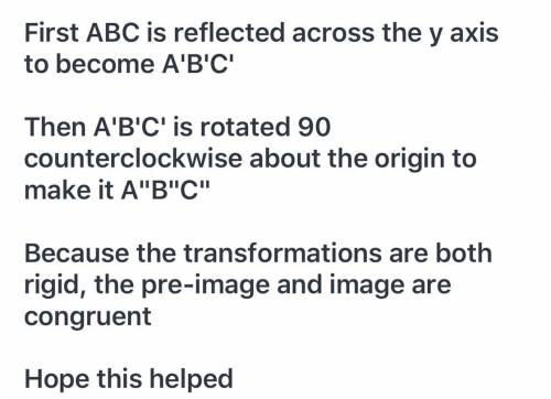 This diagram shows a pre-image △ABC , and its image,  △A′′B′′C′′  , after a series of transformation