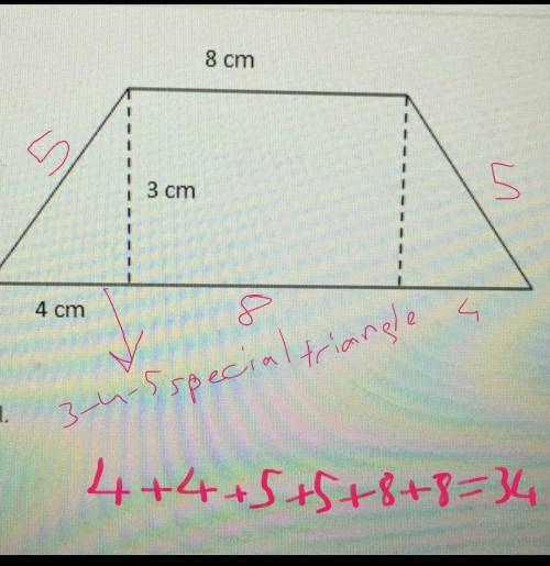 Find the perimeter of the trapezoid.
A)18 cm
B)28 cm
C)34 cm
D)36 cm
E)40 cm
