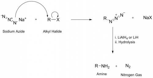 Draw the mechanism for the reaction of an alkyl halide with sodium azide, followed by reduction. fol