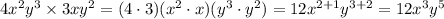 4x^2y^3\times3xy^2=(4\cdot3)(x^2\cdot x)(y^3\cdot y^2)=12x^{2+1}y^{3+2}=12x^3y^5