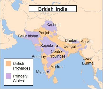 What does this map of British India in 1860 show? provinces ruled by East India Company and trading