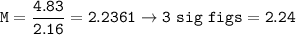 \tt M=\dfrac{4.83}{2.16}=2.2361\rightarrow 3~sig~figs=2.24