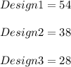 Design 1 =54 \\\\ Design 2=38 \\\\\ Design 3=28 \\\\
