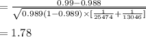 =\frac{0.99-0.988}{\sqrt{0.989(1-0.989)\times[\frac{1}{25474}+\frac{1}{13046}]}}\\\\=1.78