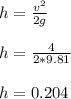 h=\frac{v^{2} }{2g} \\\\h=\frac{4}{2*9.81}\\\\h=0.204