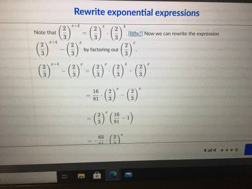 What is the value of A when we rewrite
(2/3)^x+4 - (2/3)^x as A • (2/3)^x