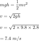 mgh=\dfrac{1}{2}mv^2\\\\v=\sqrt{2gh} \\\\v=\sqrt{2\times 9.8\times 2.8} \\\\=7.4\ m/s