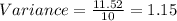 Variance=\frac{11.52}{10}=1.15