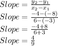 Slope=\frac{y_2-y_1}{x_2-x_1}\\Slope=\frac{-4-(-8)}{6-(-3)}\\Slope=\frac{-4+8}{6+3}\\Slope=\frac{4}{9}