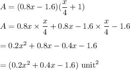 A=(0.8x - 1.6)(\dfrac{x}{4}+1)\\\\A=0.8x\times \dfrac{x}{4}+0.8x-1.6\times \dfrac{x}{4}-1.6\\\\=0.2x^2+0.8x-0.4x-1.6\\\\=(0.2x^2+0.4x-1.6)\ \text{unit}^2