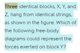 Three identical blocks, x, y, and z hang from identical strings