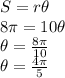 S=r \theta\\8\pi =10 \theta\\\theta=\frac{8\pi }{10} \\\theta=\frac{4\pi }{5}