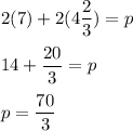\displaystyle 2(7) + 2(4\frac{2}{3})=p\\\\14 + \frac{20}{3} = p\\\\p = \frac{70}{3}