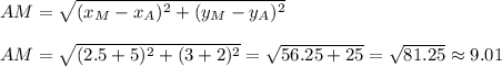 AM=\sqrt{(x_M-x_A)^2+(y_M-y_A)^2}\\\\AM=\sqrt{(2.5+5)^2+(3+2)^2}= \sqrt{56.25+25}=\sqrt{81.25}\approx9.01