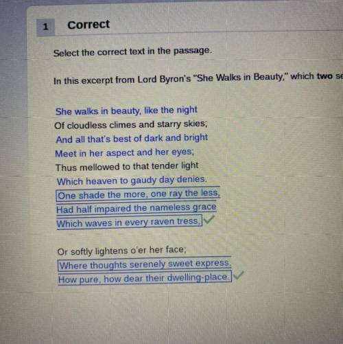 In this excerpt from Lord Byron‘s “She Walks in Beauty”, which two sets of lines show that Byron’s s