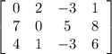 \left[\begin{array}{cccc}0&2&-3&1\\7&0&5&8\\4&1&-3&6\end{array}\right]