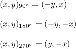 (x,y)_{90^{\circ}}=(-y,x)\\\\(x,y)_{180^{\circ}}=(-y,-x)\\\\(x,y)_{270^{\circ}}=(y,-x)