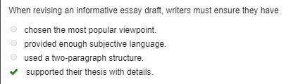 When revising an informative essay draft, writers must ensure they have

chosen the most popular vie