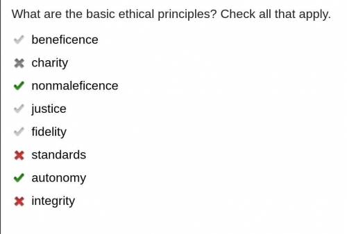 What are the basic ethical principles? Check all that apply.

beneficence
charity
nonmaleficence
jus