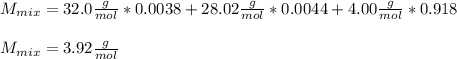 M_{mix}=32.0\frac{g}{mol}* 0.0038+28.02\frac{g}{mol}*0.0044+4.00\frac{g}{mol}*0.918\\\\M_{mix}=3.92\frac{g}{mol}