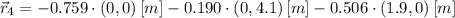 \vec r_{4} = -0.759\cdot (0,0)\,[m]-0.190\cdot (0,4.1)\,[m]-0.506\cdot (1.9,0)\,[m]